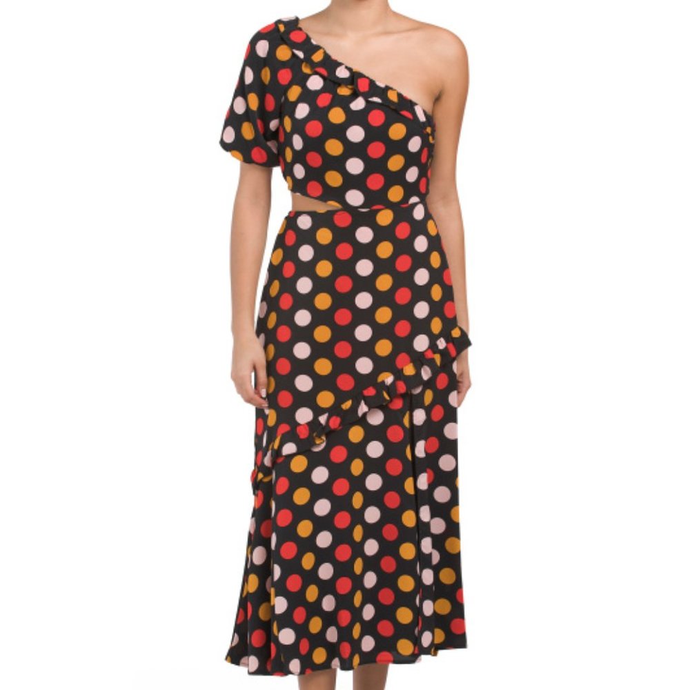 SAM EDELMAN One Shoulder Polka Dot Ruffle Dress With Side Cut Out
